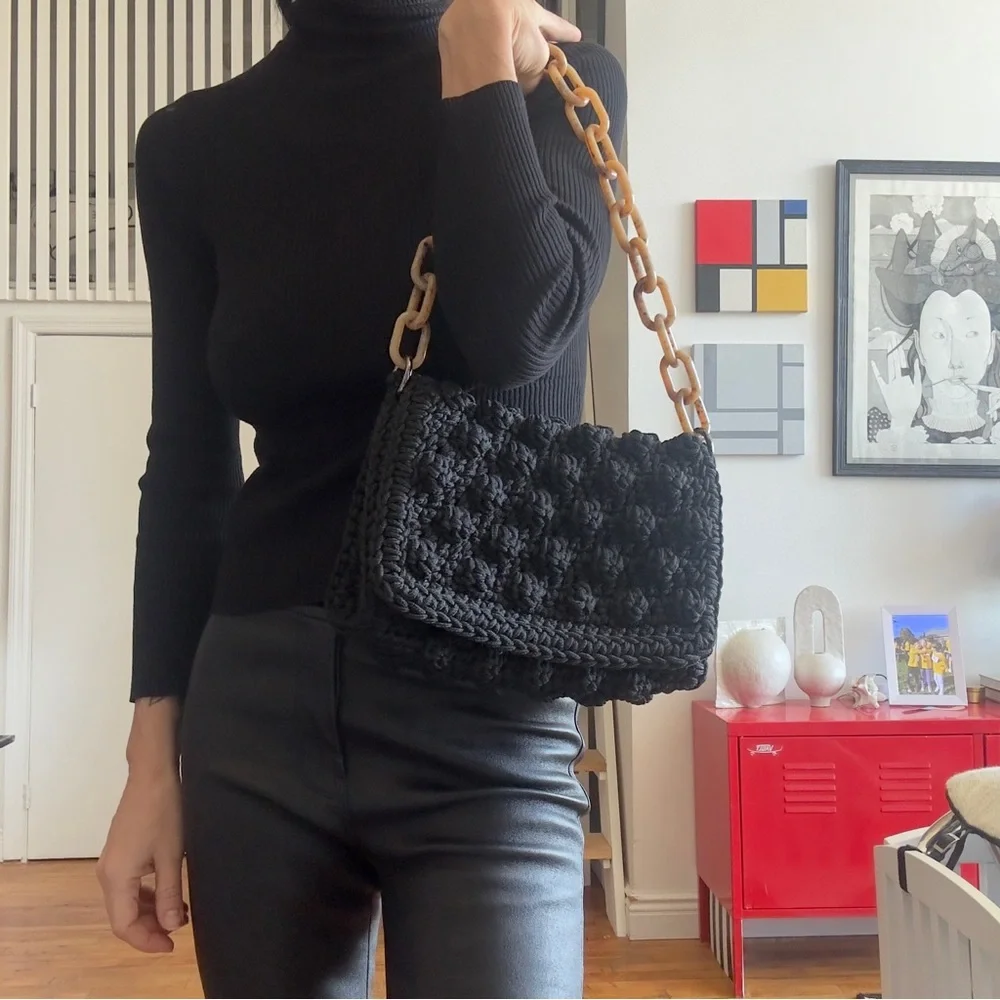 One&Only Black Crochet Shoulder Bag with Chain Strap - Picture 4 of 5